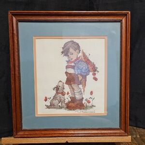 Charming Boy and Dog Art Print in Wooden Frame